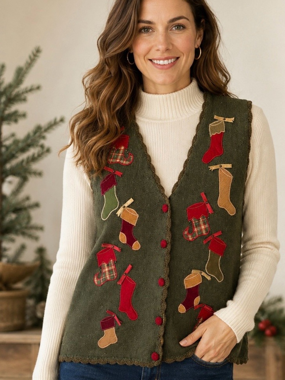 Vintage Christmas Sweater Vest - Wool Blend - Velvet - Stockings